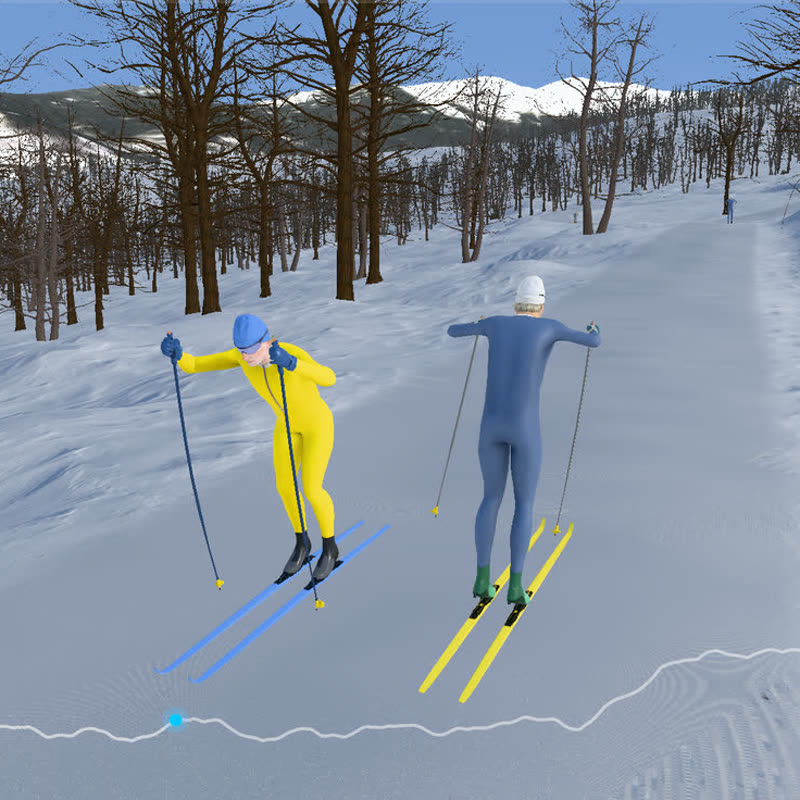 Two skiers racing shoulder to shoulder on a groomed trail