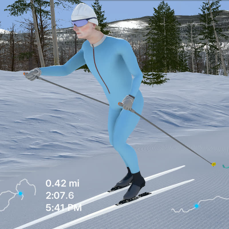 A skier mid double-pole on a groomed trail through birch woods