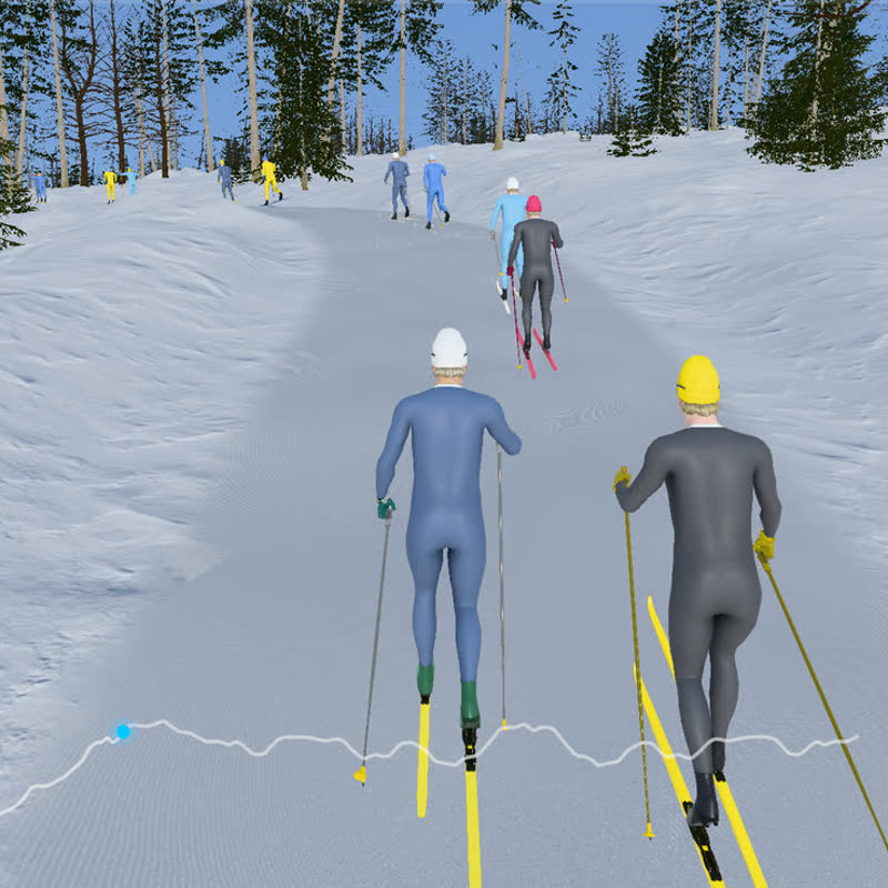 Two skiers side by side chasing a group up a steep climb