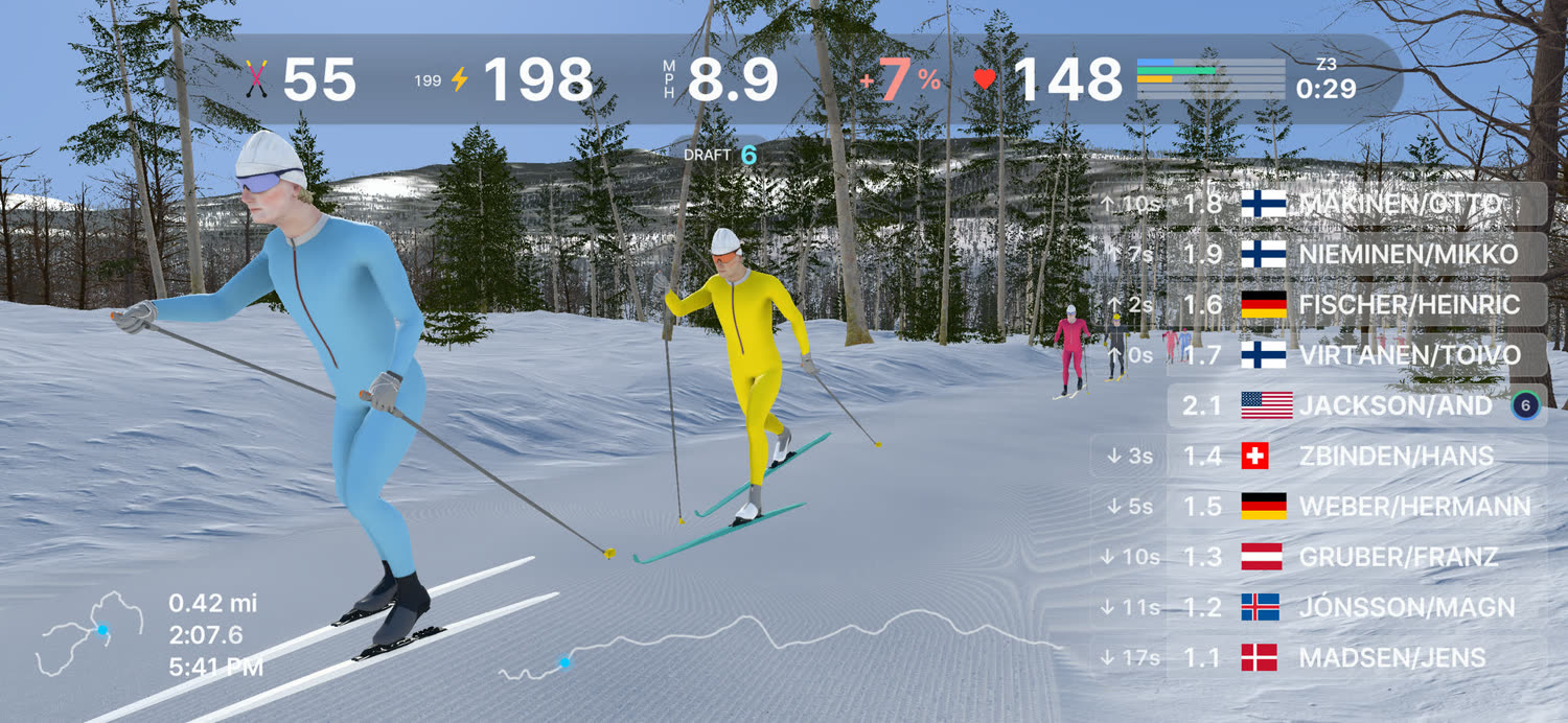 Two skiers poling close together, the drafting indicator showing on screen