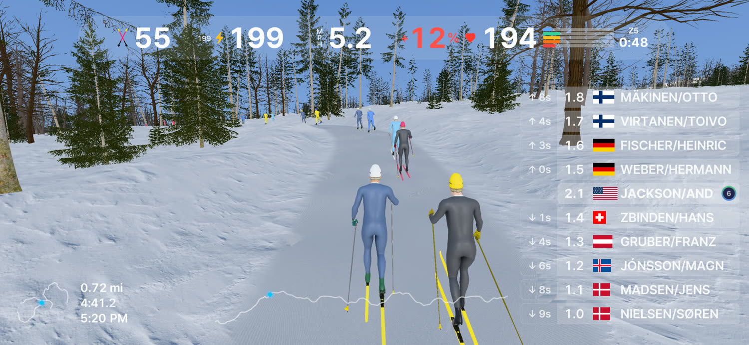 Two skiers side by side on a steep climb, the field strung out ahead